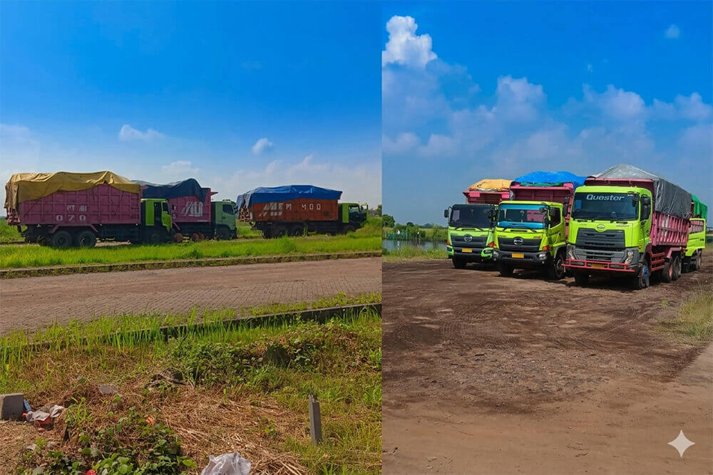 Antrean truk muat hasil bongkar ban di lokasi Pabrik